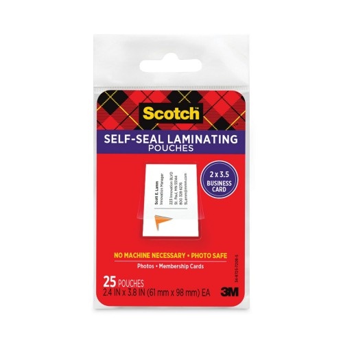 Scotch Self-Sealing Laminating Pouches, 9.5 Mil, 3.88" X 2.44", Gloss Clear, 25/Pack