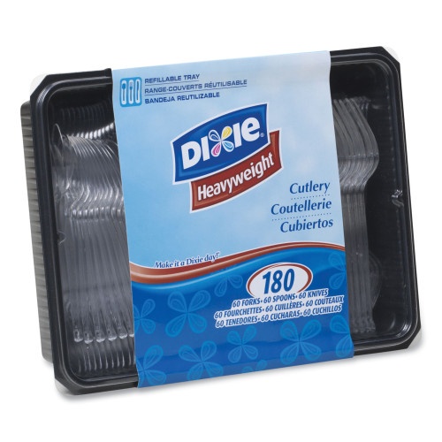 Dixie Cutlery Keeper Tray with Clear Plastic Utensils: 60 Forks, 60 Knives, 60 Spoons