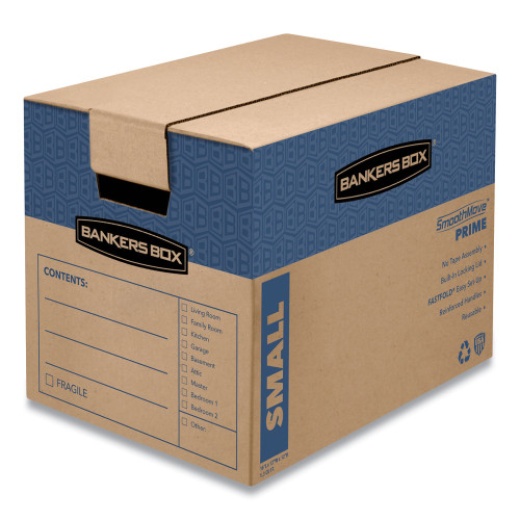 Bankers Box Smoothmove Prime Moving/Storage Boxes, Hinged Lid, Regular Slotted Container, Small, 12" X 16" X 12", Brown/Blue, 10/Carton