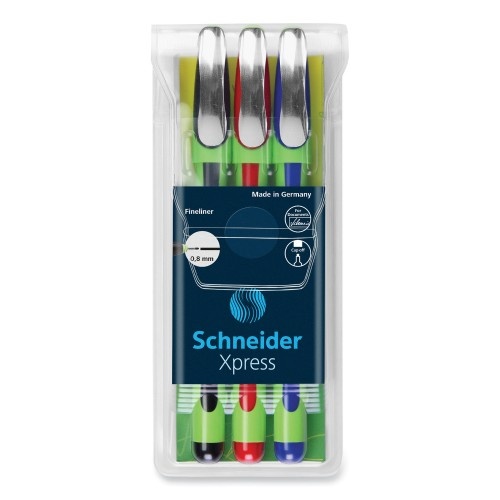 Schneider Xpress Fineliner Porous Point Pen, Stick, Medium 0.8 Mm, Assorted Ink Colors, Green Barrel, 3/Pack