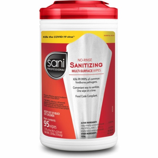No-Rinse Sanitizing Multi-Surface Wipes - Unscented, White, 95/Container, 6/Carton