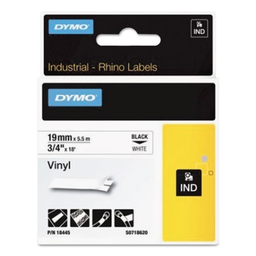 DYMO Rhino Permanent Vinyl Industrial Label Tape, 0.75" x 18 Ft, White/Black Print