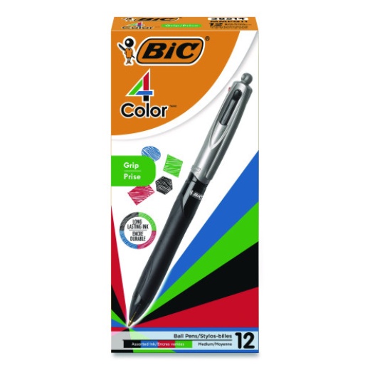 Bic 4-Color Pro Grip Multi-Color Ballpoint Pen, Retractable, Medium 1 Mm, Black/Blue/Green/Red Ink, Black/Gray Barrel, Dozen