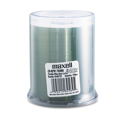 Maxell Cd-R Printable Recordable Disc, 700 Mb/80 Min, 48X, Spindle, Matte White, 100/Pack