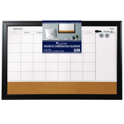 Quartet Magnetic Combination Dry Erase Calendar/Cork Board, 35 x 23, Tan/White Surface, Black Wood Frame