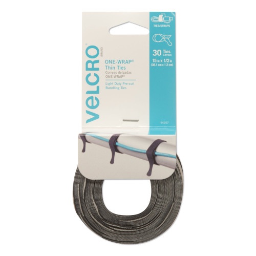 Velcro One-Wrap Pre-Cut Thin Ties, 0.5" x 15" Black/Gray, 30/Pack
