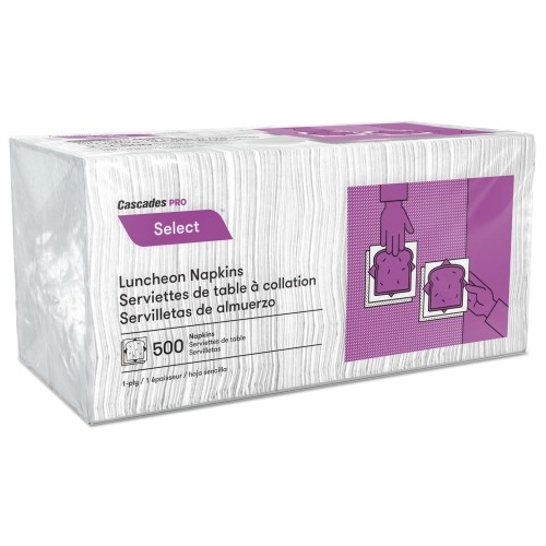 Cascades Select Luncheon Napkins, 1 Ply, 12 x 12, White, 500/Pack, 6,000/Carton