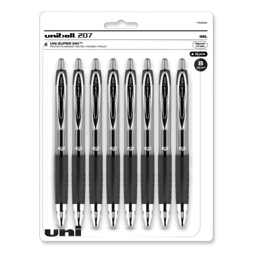 Uni-Ball Signo 207 Gel Pen, Retractable, Medium 0.7 Mm, Black Ink, Translucent Black Barrel, 8/Pack