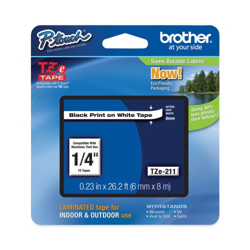 Brother TZe Standard Adhesive Laminated Labeling Tape - 0.23" x 26.2 ft, Black on White