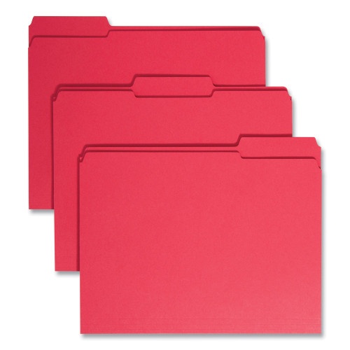 Smead Reinforced Top Tab Colored File Folders, 1/3-Cut Tabs: Assorted, Letter Size, 0.75" Expansion, Red, 100/Box