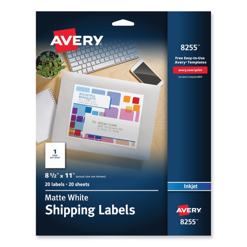 Avery Full-Sheet Vibrant Inkjet Color-Print Labels, 8.5 x 11, Matte White, 20/Pack