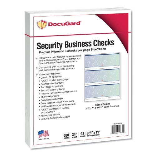 DocuGard Premier Prismatic Check, 13 Features, 8.5 x 11, Blue/Green Prismatic, 500/Ream