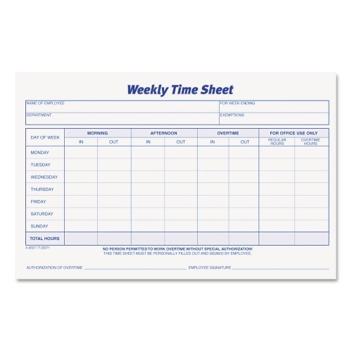 TOPS Weekly Time Sheets - 1-Part, 8.5 x 5.5, 50 Forms/Pad, 2 Pads/Pack