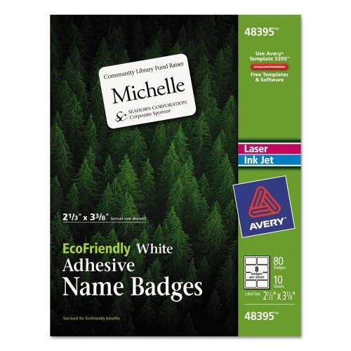 Avery Ecofriendly Adhesive Name Badge Labels, 3.38 X 2.33, White, 80/Pack