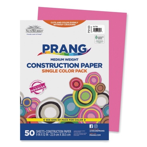 Prang SunWorks Construction Paper, 50 Lb Text Weight, 9 x 12, Hot Pink, 50/Pack