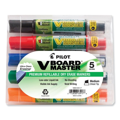 Pilot BeGreen V Board Master Dry Erase Marker, Medium Chisel Tip, Assorted Colors, 5/Pack