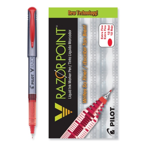 Pilot V Razor Point Liquid Ink Pen, Extra-Fine 0.5 Mm, Red Ink, Gray Barrel, Dozen
