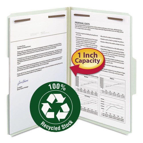 Smead Recycled Pressboard Fastener Folders, 1" Expansion, 2 Fasteners, Legal Size, Gray-Green Exterior, 25/Box