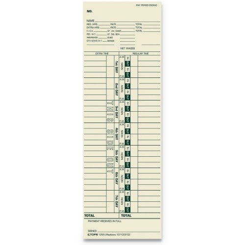 Tops Time Clock Cards, Replacement for 10-100312/1950-9301/K14-36981D, One Side, 3.5 x 10.5, 500/Box
