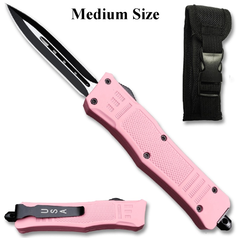 Pink Otf Knife Spear Point, Double Edged Blade