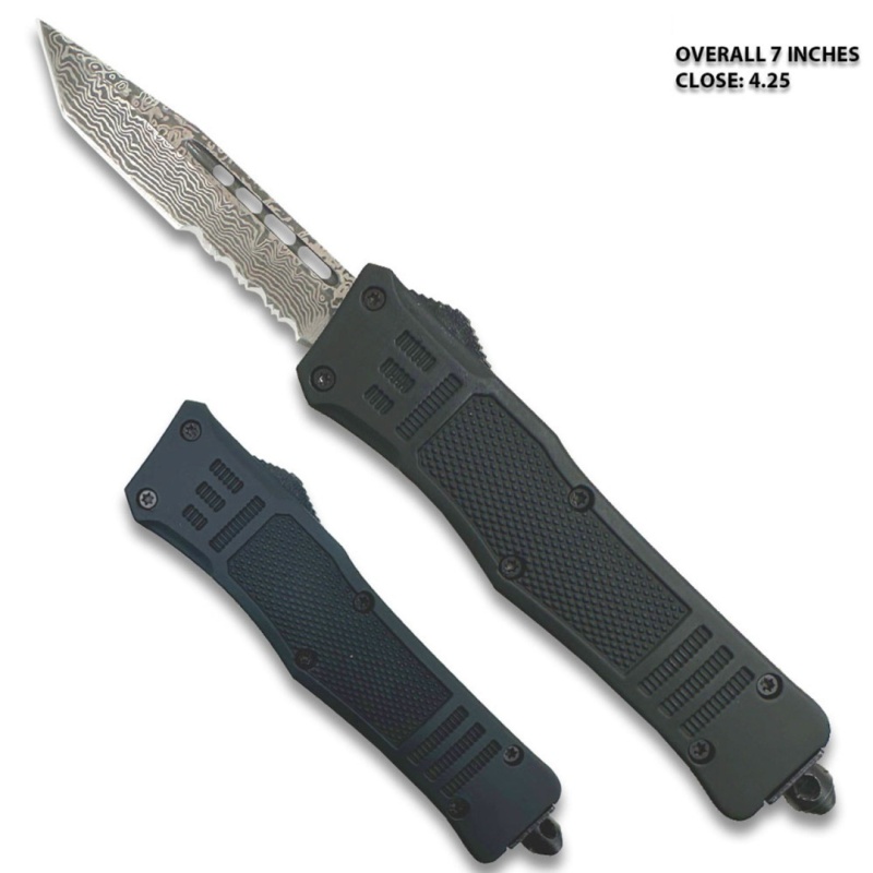 Black Legacy Edge Otf Tanto Point Half Ser Edged Damascus Pattern
