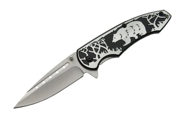 Rite Edge 300268-Bk 4.5 Inch Silver/Black Bear Embossed Folding Knife