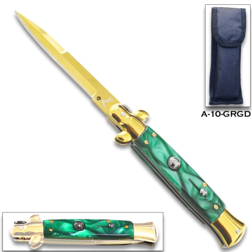 Gold Akc Edition Blade Automatic Stiletto Knife Green Pearl Handle New