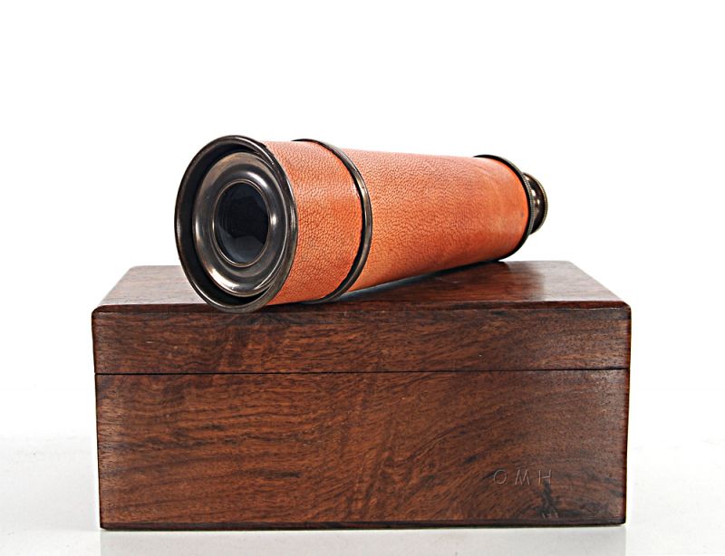 Handheld Telescope In Wood Box - Brown Leather