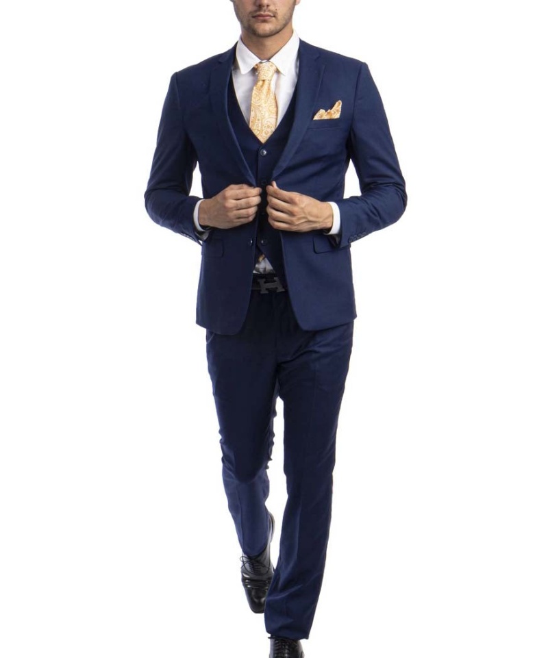 3 Piece Indigo Blue Slim Fit Men's Suit With Vest Set