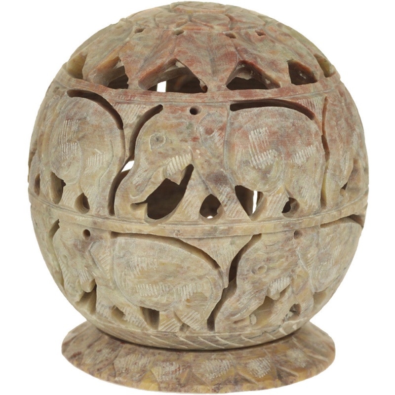 Burner For Cones And Candle Holder - Soapstone Carved Tea-Light Ball - Elephant 3.5 Inches