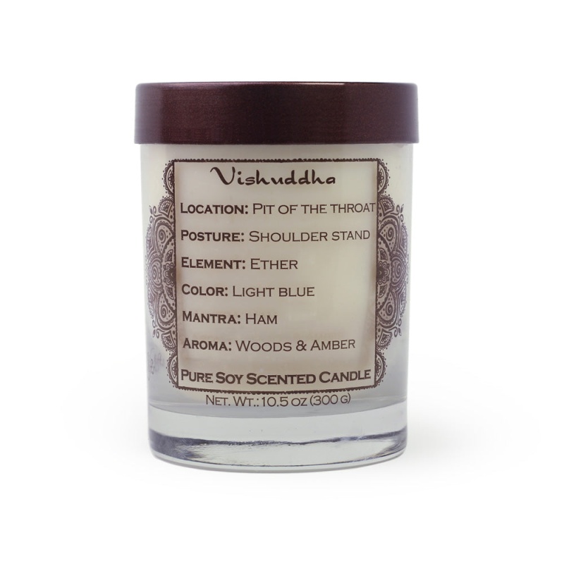 Throat Chakra Vishuddha | Candle For Chakra Meditation Scented With Essential Oils | Woods & Amber | Communication And Wisdom - 10.5Oz