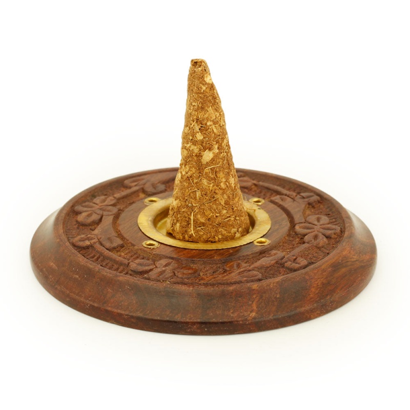 Incense Burner - Wooden Round Plate Flowers - 4 Inches