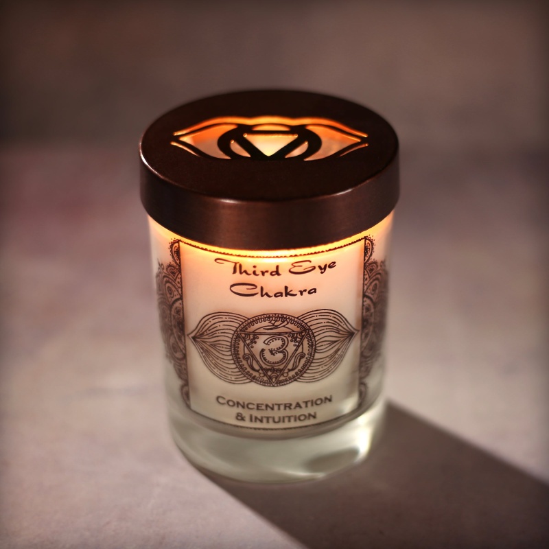 Soy Candle For Chakra Meditation Scented With Essential Oils | Third Eye Chakra Ajna | Indian Jasmine | Concentration And Intuition - 10.5Oz