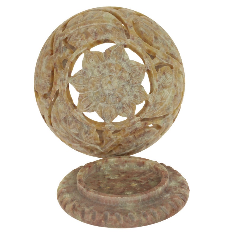 Burner For Cones And Candle Holder - Soapstone Carved Tea-Light Ball - Large Leaves 3 Inches