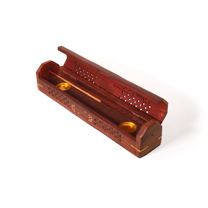 Incense Burner Wooden Box With Storage 5 Panel Jali & Flowers