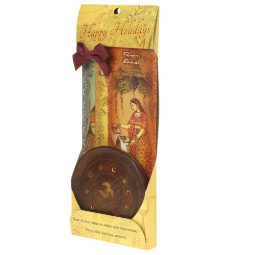 Incense Gift Set - Wood Round Burner + 3 Harmony Incense Sticks & Holiday Greeting