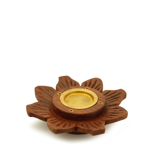 Incense Burner - Wooden Round Plate Lotus - 4 Inches