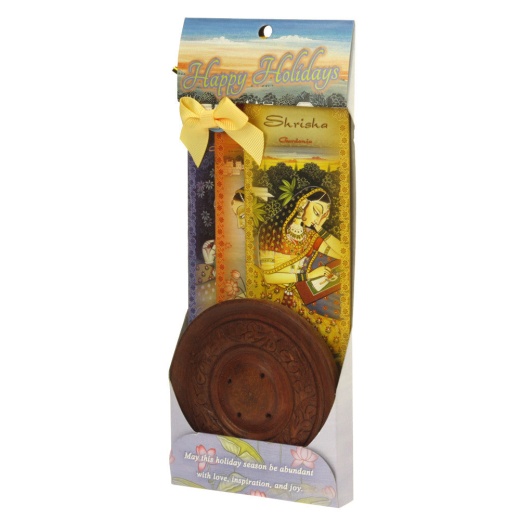 Incense Gift Set - Wood Round Burner + 3 Meditation Incense Sticks Packs & Holiday Greeting
