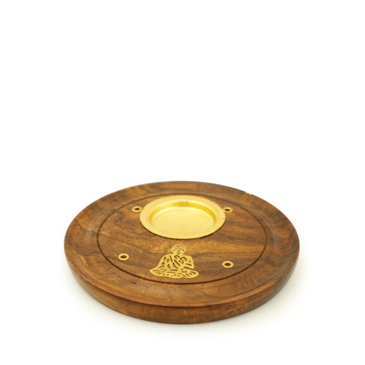 Incense Burner - Wooden Round Plate Buddha - 4 Inches