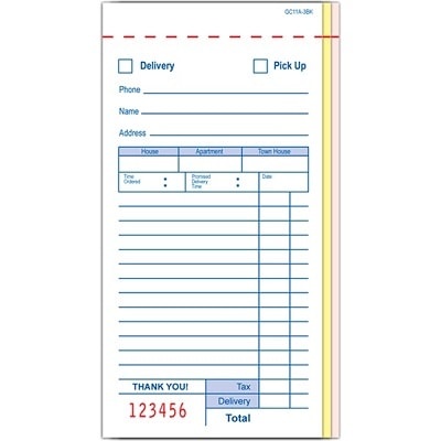 3 Part Carbonless Guest Checks/Delivery Form Books Gc11a - 2500 Checks