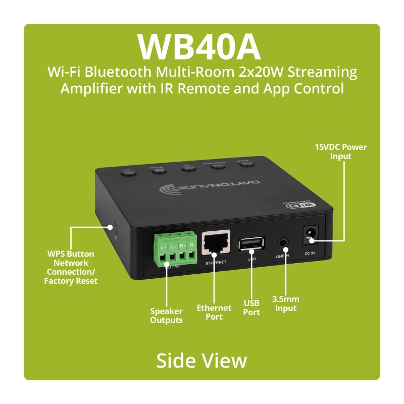 Dayton Audio Wb40a Wi-Fi Bluetooth Multi-Room 2X20w Amplifier With Ir Remote And App Control