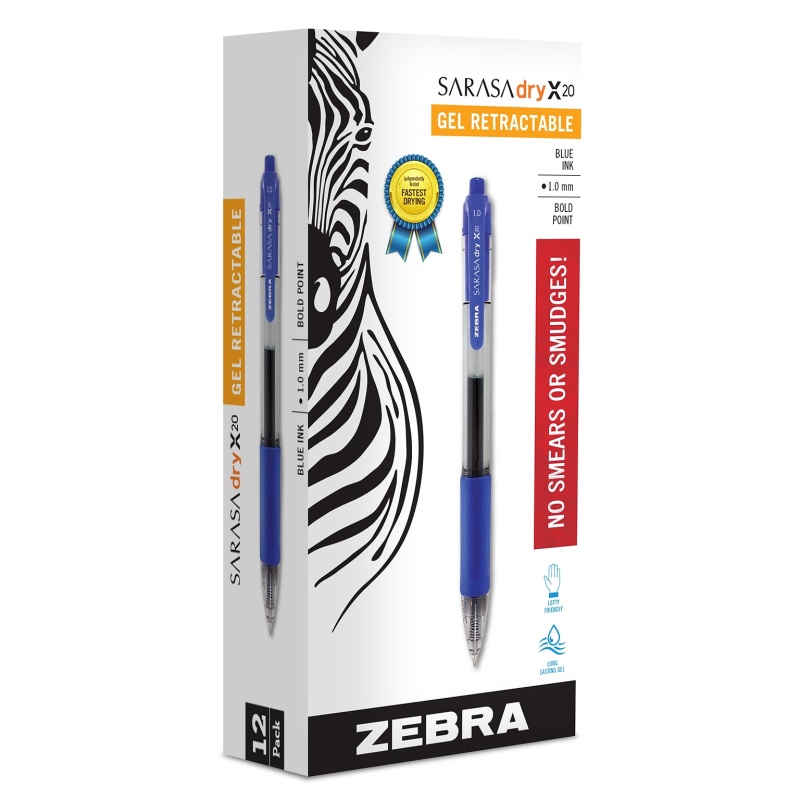 Zebra Sarasa Dry X20 Retractable Gel Pen, Bold Point, 1.0Mm, Blue Ink, Dozen (46620)