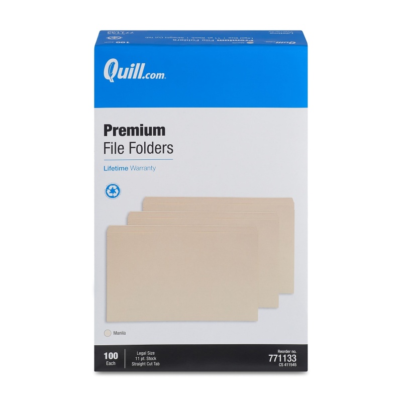 Quill Brand® Premium Reinforced File Folders, Straight Cut, Legal Size, Manila, 100/Box (771133)