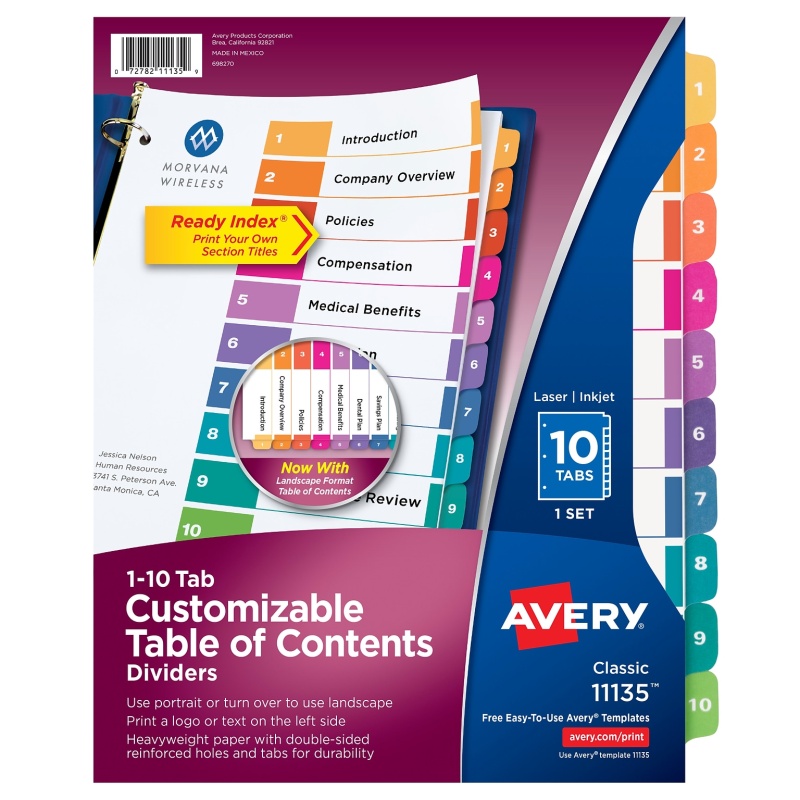 Avery Ready Index Table Of Contents Paper Dividers, 1-10 Tabs, Multicolor (11135)