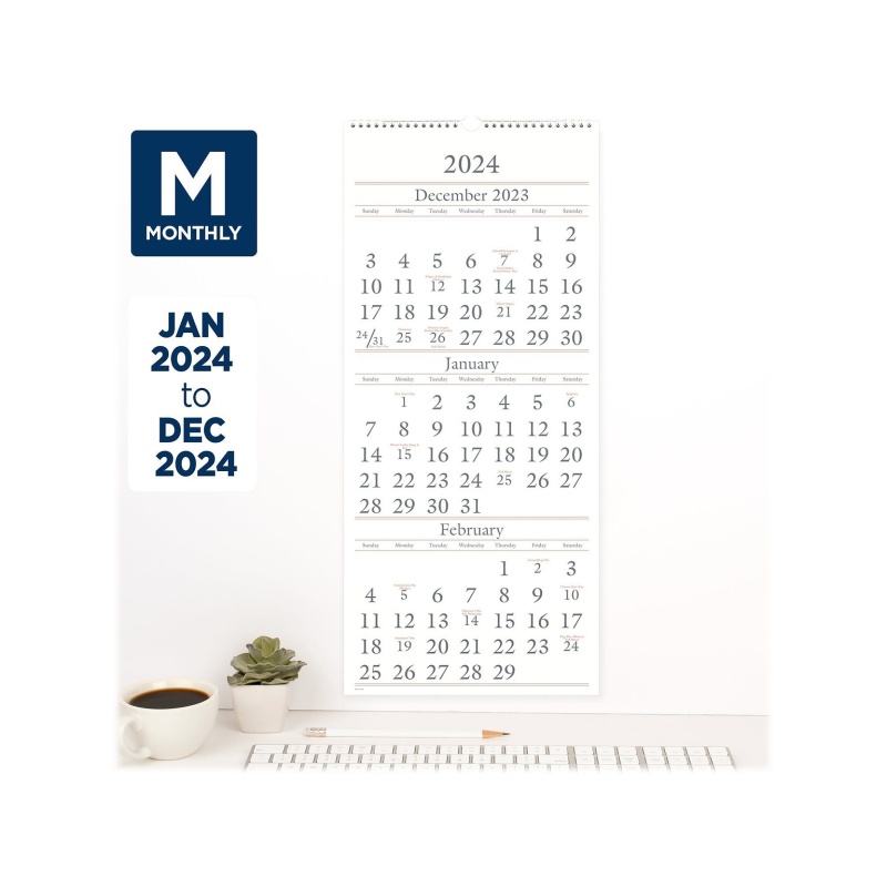 2024 At-A-Glance 12" X 27" Three-Month Wall Calendar, White/Black (Sw115-28-24)