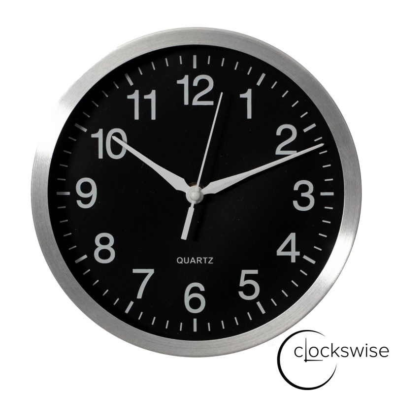Clockswise Round Quartz Wall Clock Non-Ticking Battery Operated With Silent Sweep Movement, Aluminum Silver Frame, Perfect For Home Kitchen Office Living Room Study Hallway Classroom, Black Face