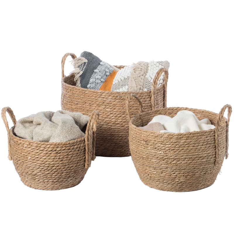 Decorative Round Wicker Woven Rope Storage Blanket Basket With Braided Handles