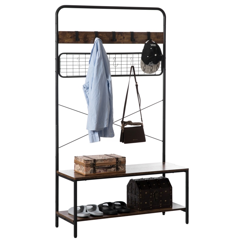 Vintage Brown Coat Rack Hall Tree With Storage For Entryway With 10 Hooks And Storage