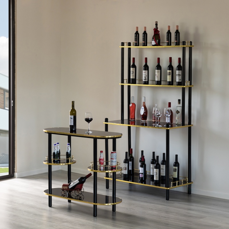 Bartender Serving Display Station, Bar Console Working Counter With Open Shelves, Bar Console Island With Tier Shelves For Glass And Bottles, Wood