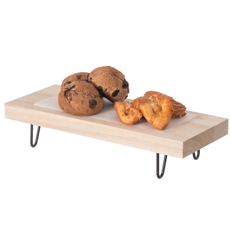 Decorative Natural Wood Rectangular Tray Serving Board With Black Metal Stand